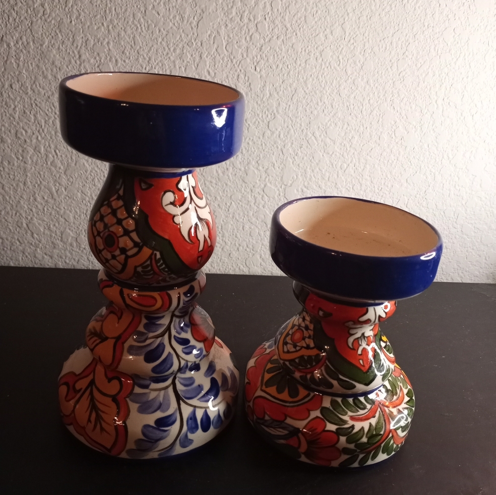 Mexican Handpainted Ceramic Talavera Sculptural Vases Set of 2.